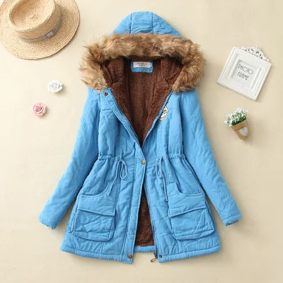 LUZUZI Женская парка повседневная верхняя одежда осень зима милитари пальто с капюшоном зимняя куртка женские меховые пальто женская зимняя куртка s пальто - Цвет: light blue