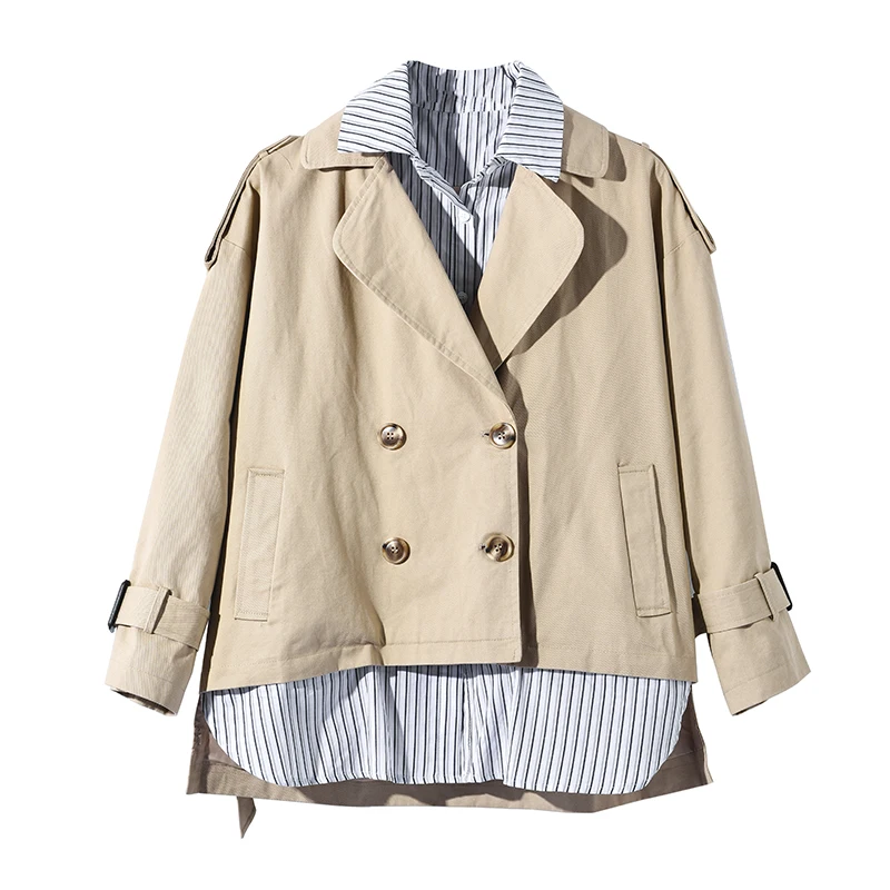 Autumn and Winter New Windbreaker Women Fashion Waistband Striped Shirt Splicing Fake Two Lace Up Double Row Button Cotton Coat