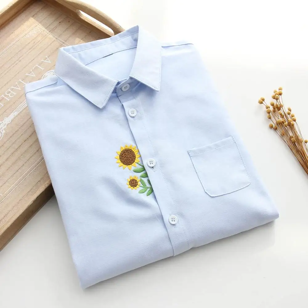 Новое поступление, милая белая рубашка с вышивкой подсолнуха Повседневная блуза с длинными рукавами и карманами и воротником-стойкой Feminina Blusa T99412F - Цвет: Sunflower Blue Top