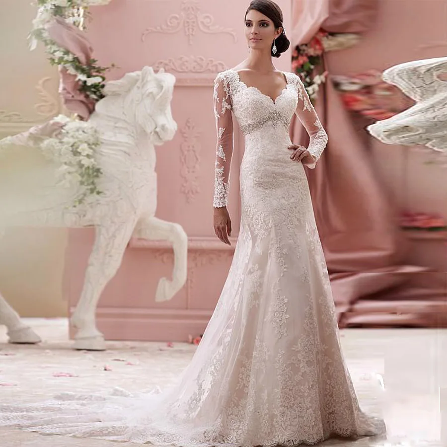 

Sweetheart Neckline Lace Applique Mermaid Wedding Dress with Long Sleeve Crystal Beading Button Sweep Train Bridal Dress