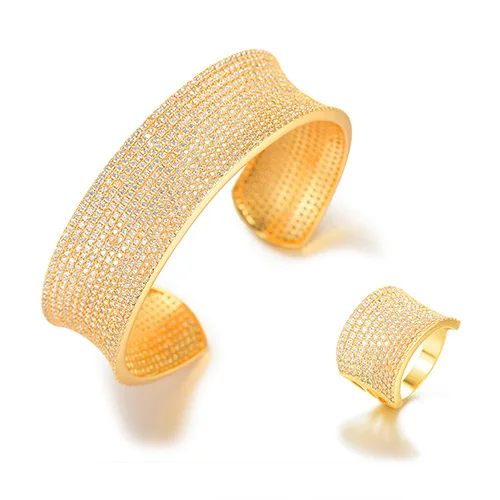 GODKI New Charms 2PC Bangle Cuff Ring Set For Women Wedding Bridal Cubic Zircon Dubai PARTY WEDDING High Jewelry BOHO - Окраска металла: Gold