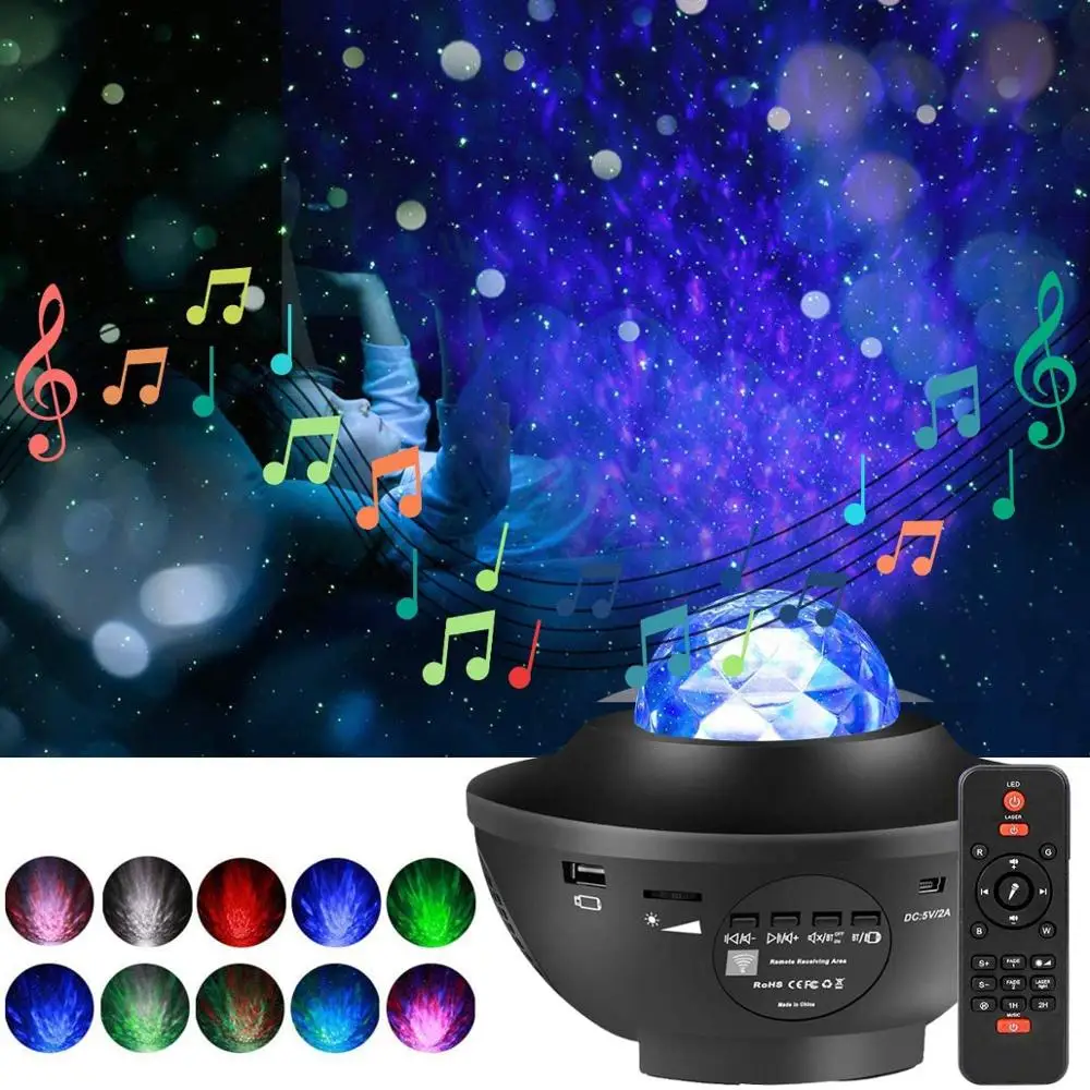 USB Colorful Starry Sky Projector LED Star Night Light Music Starry Projector Bluetooth Voice Control Music Player Ocean Wave