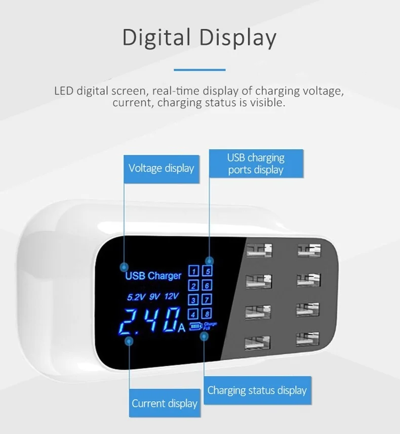 Мульти 8 usb портов телефон зарядное устройство Рабочий стол концентратора зарядное устройство станция светодиодный цифровой дисплей ЕС Австралия Великобритания США штекер Адаптер зарядное устройство для мобильных устройств