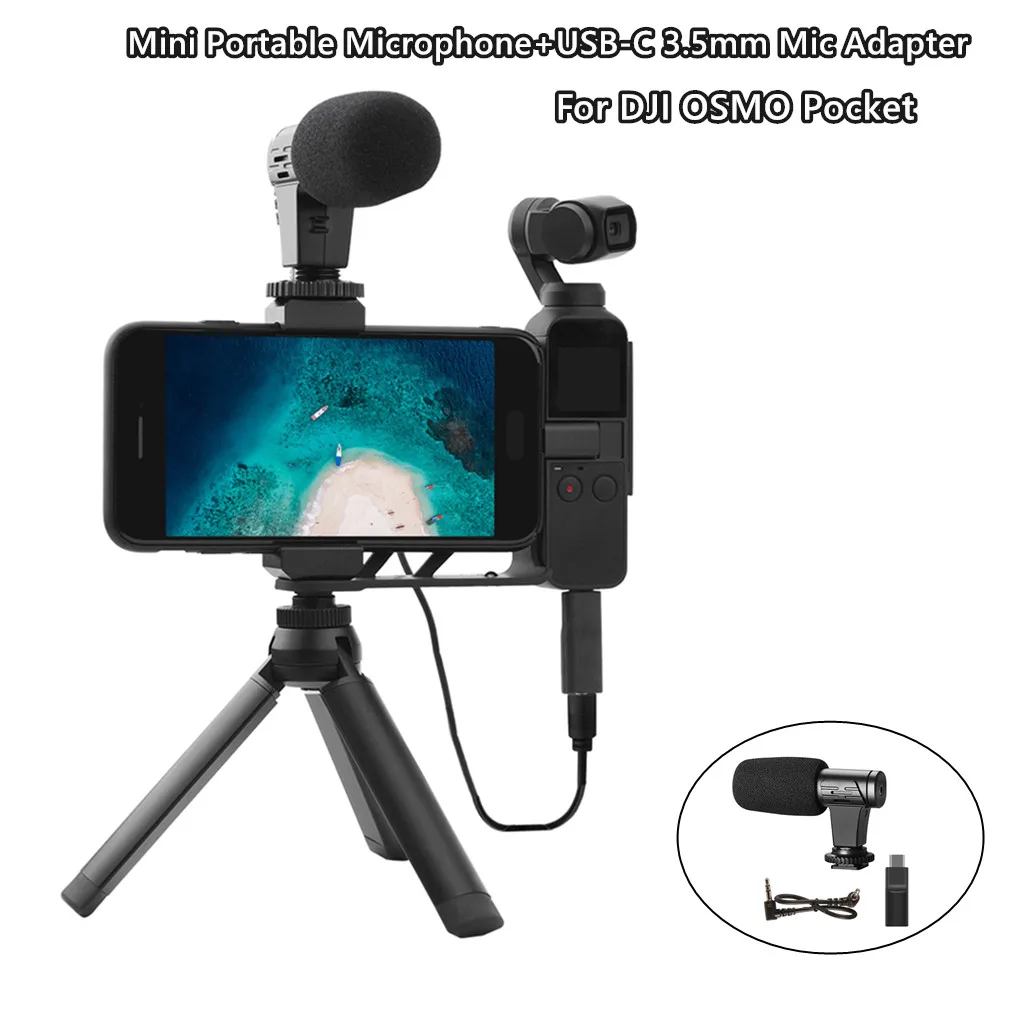 Мини Портативный видео микрофон+ USB-C 3,5 мм микрофонный адаптер для DJI OSMO карманные профессиональные аксессуары мини портативный адаптер - Цвет: Черный