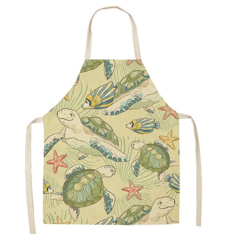 2 Kitchen Apron Funny Small Turle Printed Sleeveless Cotton Linen Aprons For Men Women Home Cleaning Tools - Цвет: 2