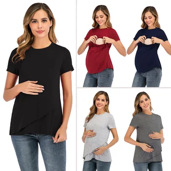 

Women Mom Pregnant Nursing tops Short sleeve t-shirt Maternity Top For Breastfeeding Blouse Clothes Solid maternity t shirt