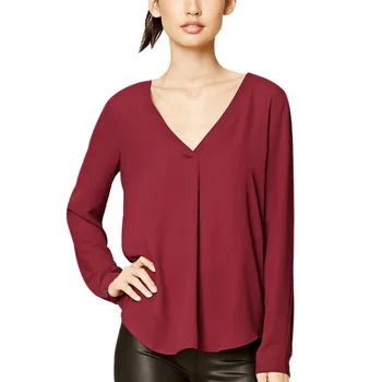 

Women Blouses V Neck Ladies Tops Long Sleeve Chiffon Blouse Office Shirts Fashion Tops Wine Red