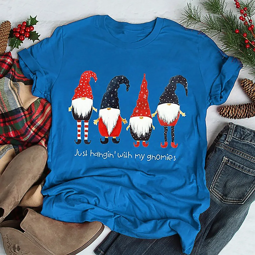 Женские рождественские футболки размера плюс с надписью «Just hahgin'with my ghomies», рождественские хлопковые топы с короткими рукавами и изображением Санта Клауса - Цвет: Lakeblue