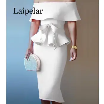 

New Women Short Sleeve Ruffle Hem Shirts Bow 2 Piece Set Solid Lace Up Off Shoulder Tops and Bodycon Skirt Sexy Party Suits