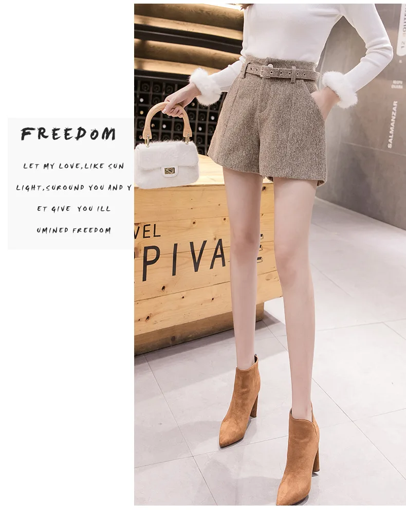 New Autumn High Waist Wide Leg Woolen Shorts Women Khaki Gray Black Warm Shorts With Belt A-line Short Femme MT725 khaki shorts