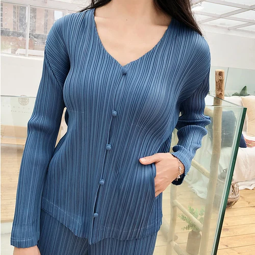 Blue Jacket Женский комплект из двух предметов, короткое пальто с v-образным вырезом и эластичной резинкой на талии, широкие брюки, Однотонный женский повседневный костюм, Осенние штаны со складками Miyake - Цвет: Blue Jacket