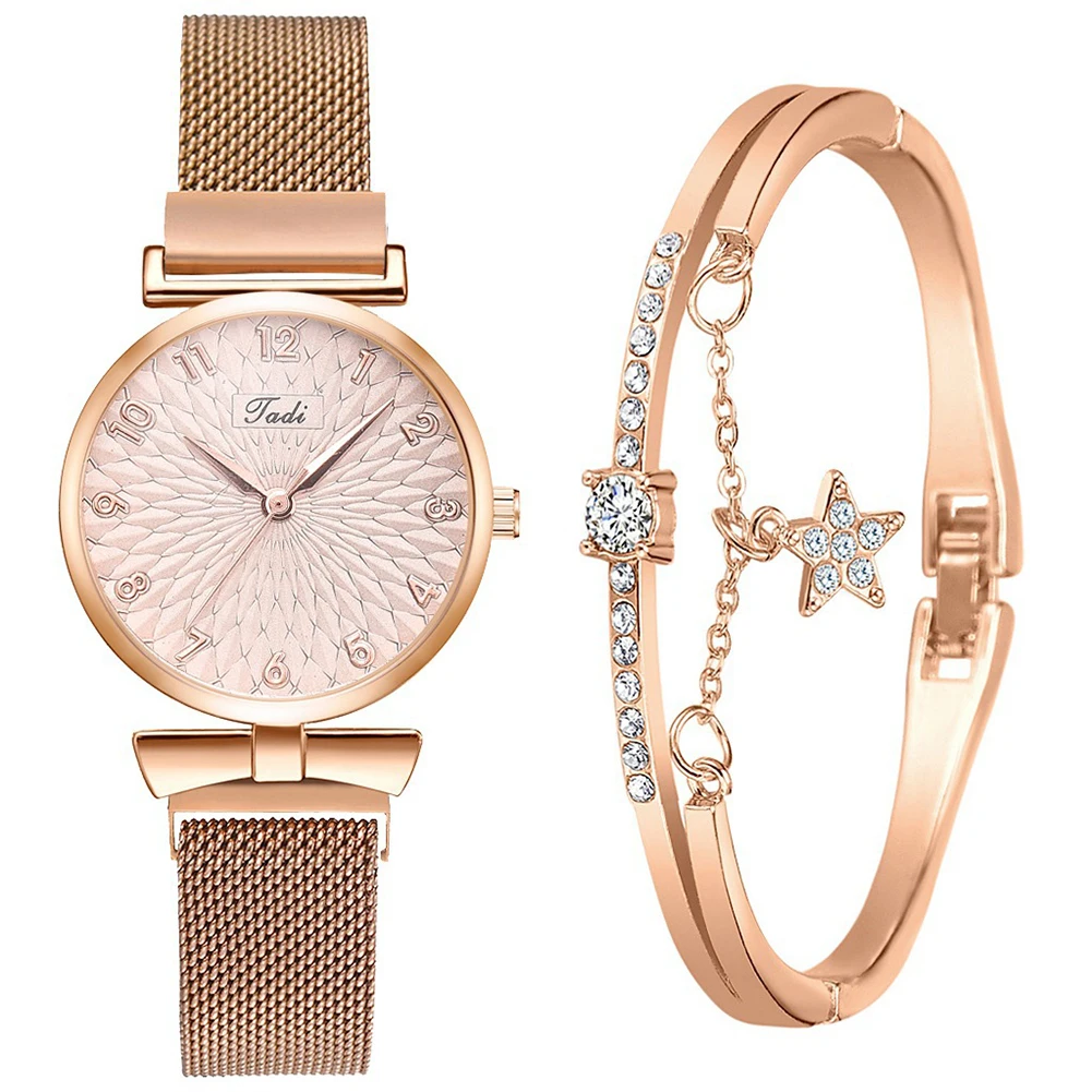Fashion Women Watches Luxury Magnet Buckle Flower Rhinestone Watch Ladies Quartz Wrist Watch Bracelet Set Reloj