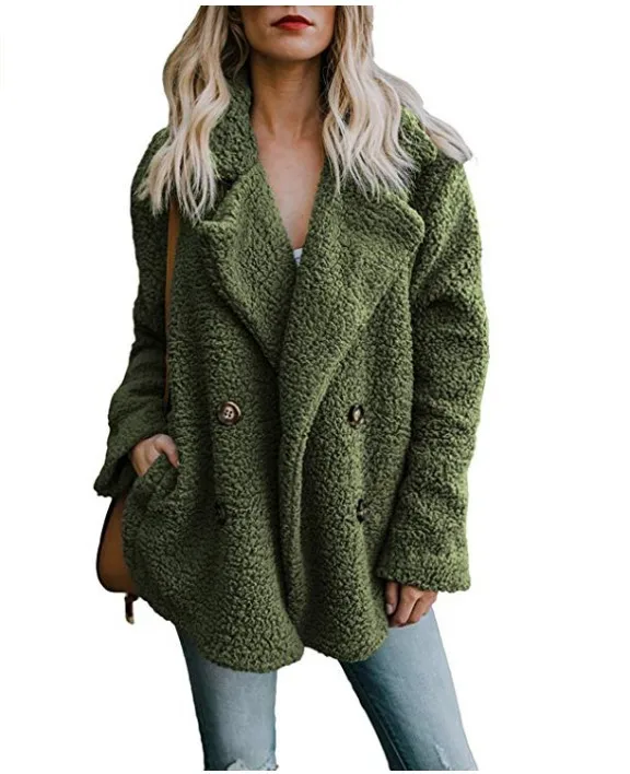 Однотонное пальто для женщин; сезон осень-зима; свободная теплая куртка с лацканами; верхняя одежда; Женский Повседневный джемпер; женское элегантное пальто из искусственного меха - Цвет: Army Green