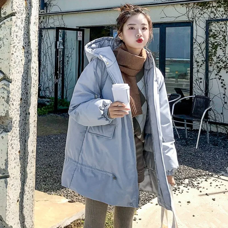 

2019 Chic Light Gray Blue Hooded Short-height Drawstring Flounced down Coat Korean-style Loose-Fit Cotton-padded Clothes Women's