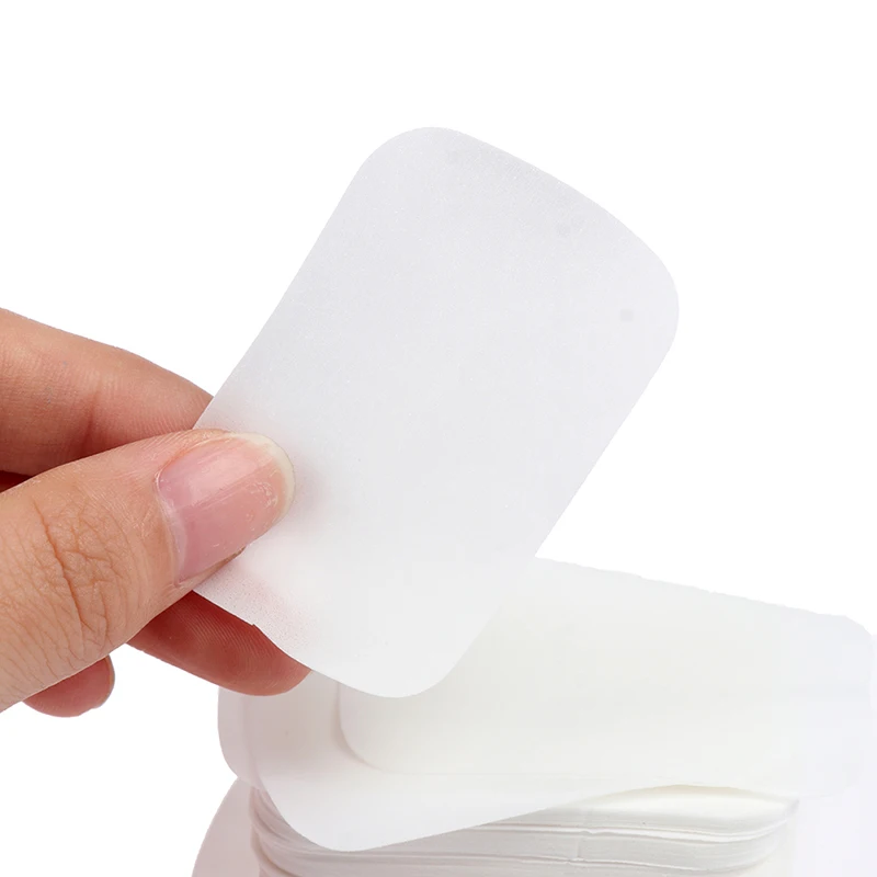 100 Uds 5,6*3,6 cm desinfección jabones de papel lavado a mano Mini desechable perfumado rebanada hojas espuma jabón caja de papel para viaje