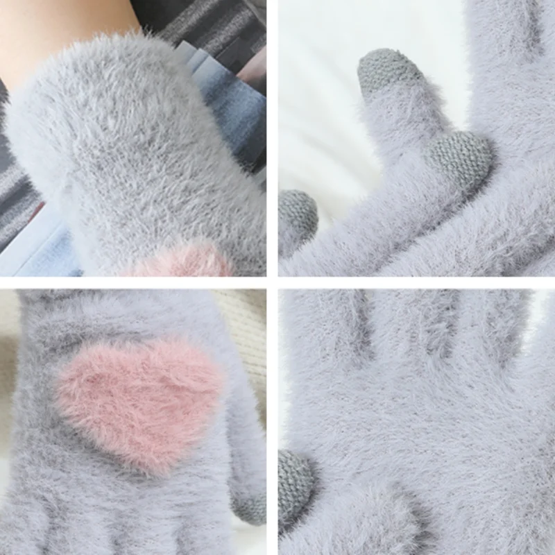 Gloves Knitted Women Touch Screen New Winter Soft Rabbit Wool Knitted Gloves Warm Lovely Girls' Pink Heart Mittens Gloves