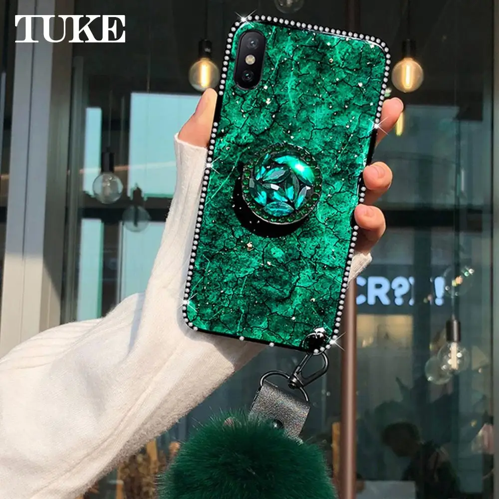 

For OPPO F7 F11 Pro Find X K1 R7 R7S R9 R9S R11 R11S R15 R15X Plus Bling Glitter Marble Case Cover Plush Ball Stand Holder
