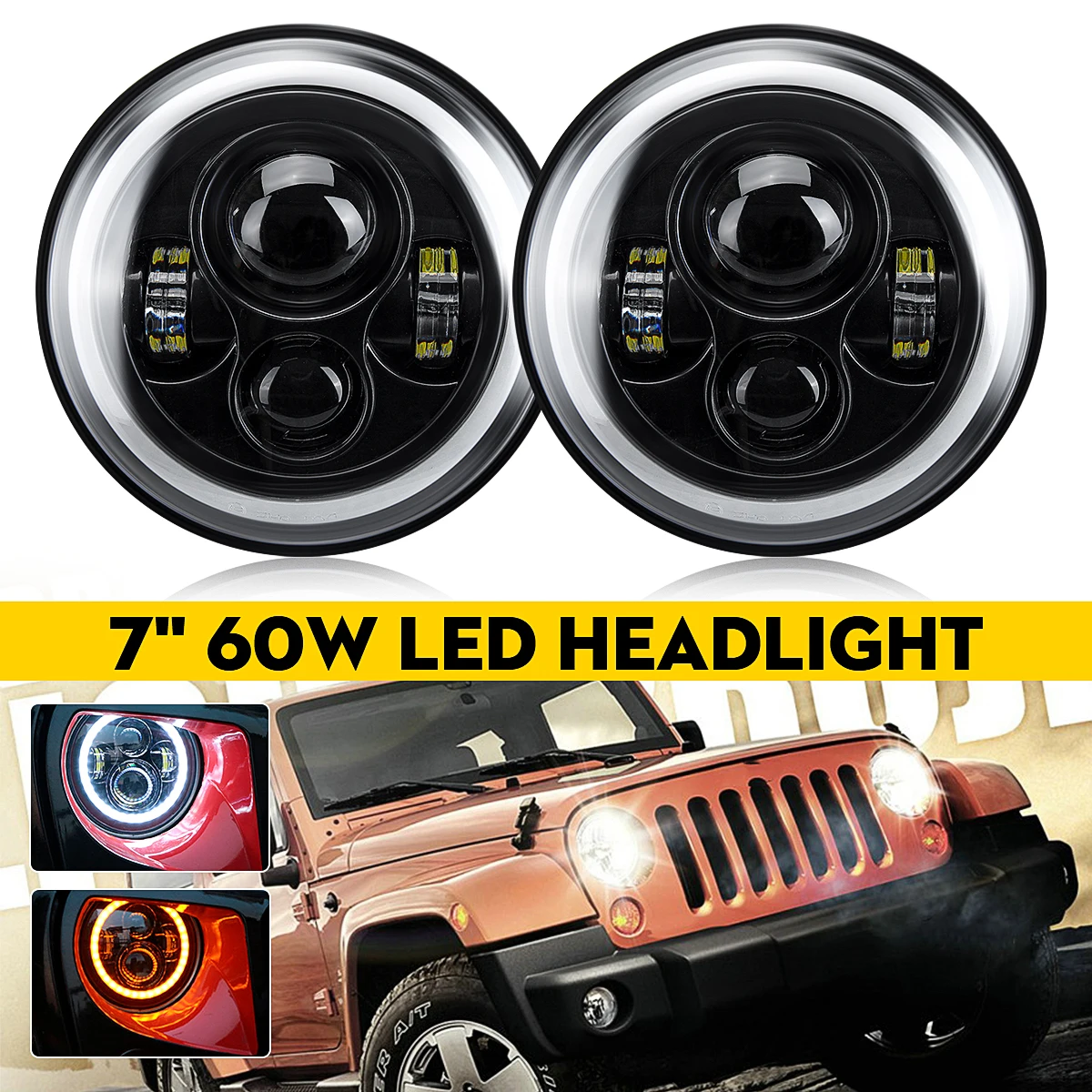 2X" 60 Вт светодиодный налобный фонарь Hi/Low Beam Halo Angel Eye DRL Янтарный указатель поворота E9 для Jeep Wrangler JK TJ Harley Yamaha