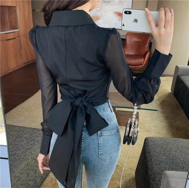Shirts Women Solid Turn-down Collar Ins Abdomen Cropped Leisure Korean Style Fashionable Ladies Blouses Long Sleeve Stylish Chic