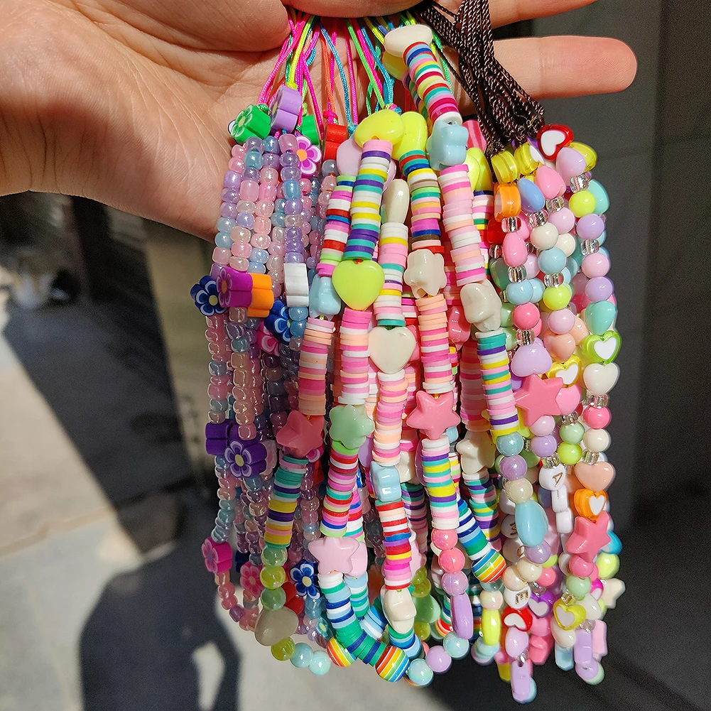 Colorful Soft Clay Mobile Phone Chain Pearl Lanyards Women Bohemia Acrylic Smiley Butterfly Flowers Rope Anti-lost Hanging Cord |