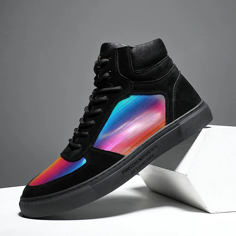 

New Autumn And Winter Genuine Leather Men's Fashion High Top Sneakers Bright Surface Tide Casual Shoes