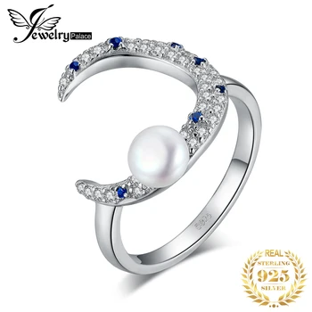 

JewelryPalace Half Moon Created Blue Sapphire Pearl Ring 925 Sterling Silver Rings for Women Stackable Ring Silver 925 Jewelry