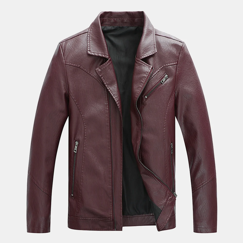 Мужские Куртки из искусственной кожи, одноцветные пальто с отложным воротником, осенняя одежда большого размера, M-5XL на молнии, цвета хаки, черный, винно-красный, мужская одежда A152
