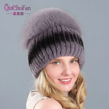 

Real Fox Fur Hat Female Natural Rex Rabbit Fur Women Winter Hats Vertical Rhinestones High Quality Beanies Fashion Caps