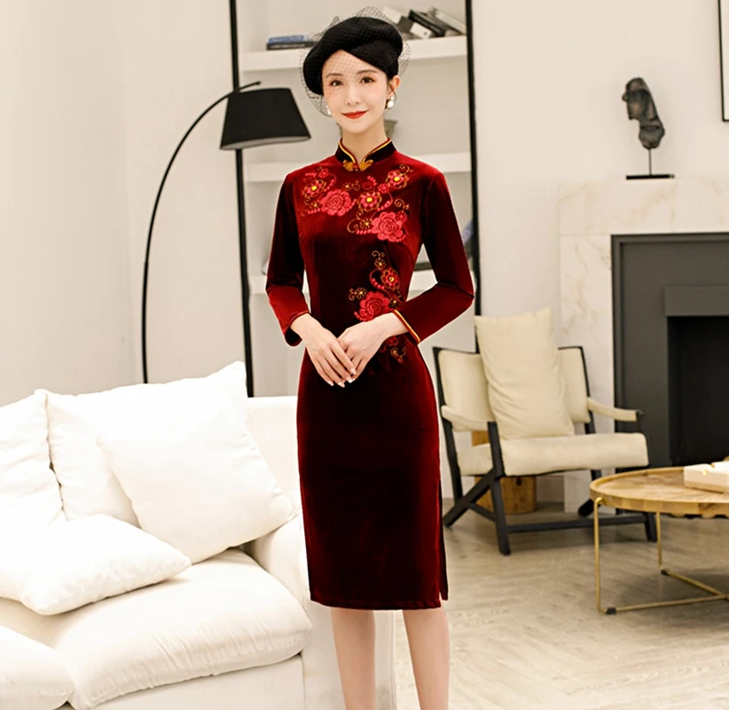 Традиционное платье Чонсам осень зима cheongsam Женский Большой размер cheongsam мать загружен Золотой Бархат модифицированный cheongsam платье