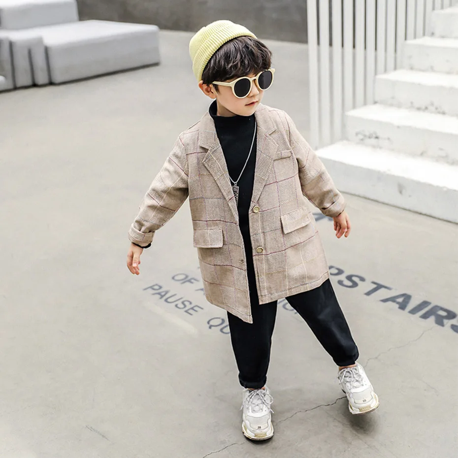 Boys Coat Long Plaid Boy Outerwear Single Breasted Boys Blazer Autumn Winter Casual Children's Clothing For Boy Streetwear