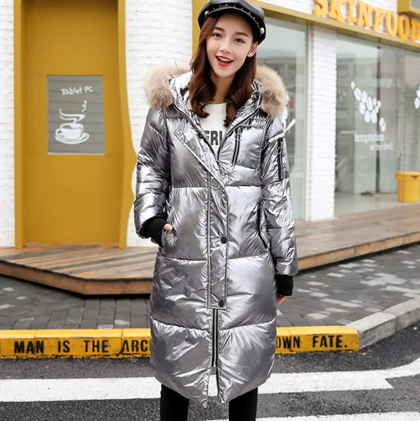 

2019 Spring New Style Fashion New Style Korean-style Slim Fit Mid-length Hooded Fur Collar Cotton-padded Clothes Bright Surface