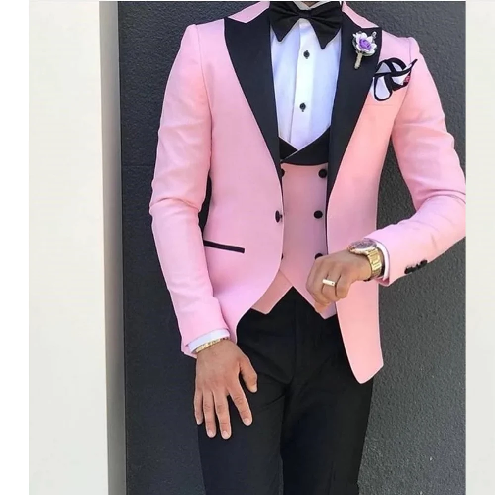 

Pink Wedding Suits For Men Black Notch Lapel Jacket Vest Pants 3 Pieces Formal Groom Tuxedos Bespoke Business Prom Party Blazers