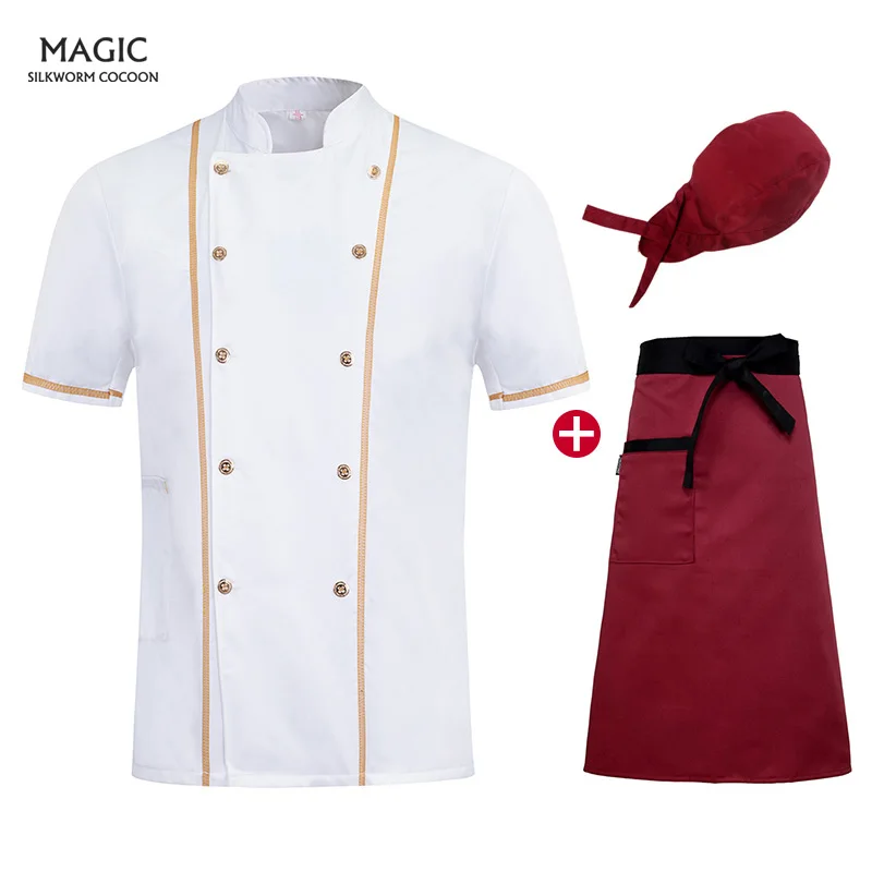 Unisex Short Sleeve Kitchen Jacket Summer Pastry Chef Clothing White Cuisine Uniform Apron Adjustable Hat for Men and Women |