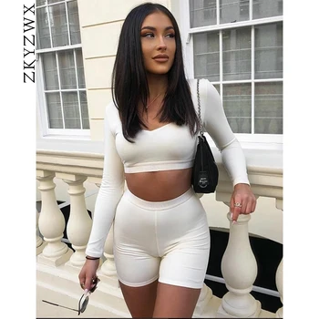 

ZKYZWX 2 Piece Set Women Tracksuit Summer Clothes Crop Top and Biker Shorts Sweat Suits Casual Two Piece Outfits Matching Sets