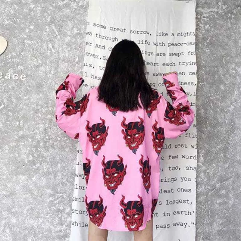  NiceMix Harajuku Demon Print Spring Women Blouse Punk Gothic Hip Hop Casual Top Loose Long Sleeve W