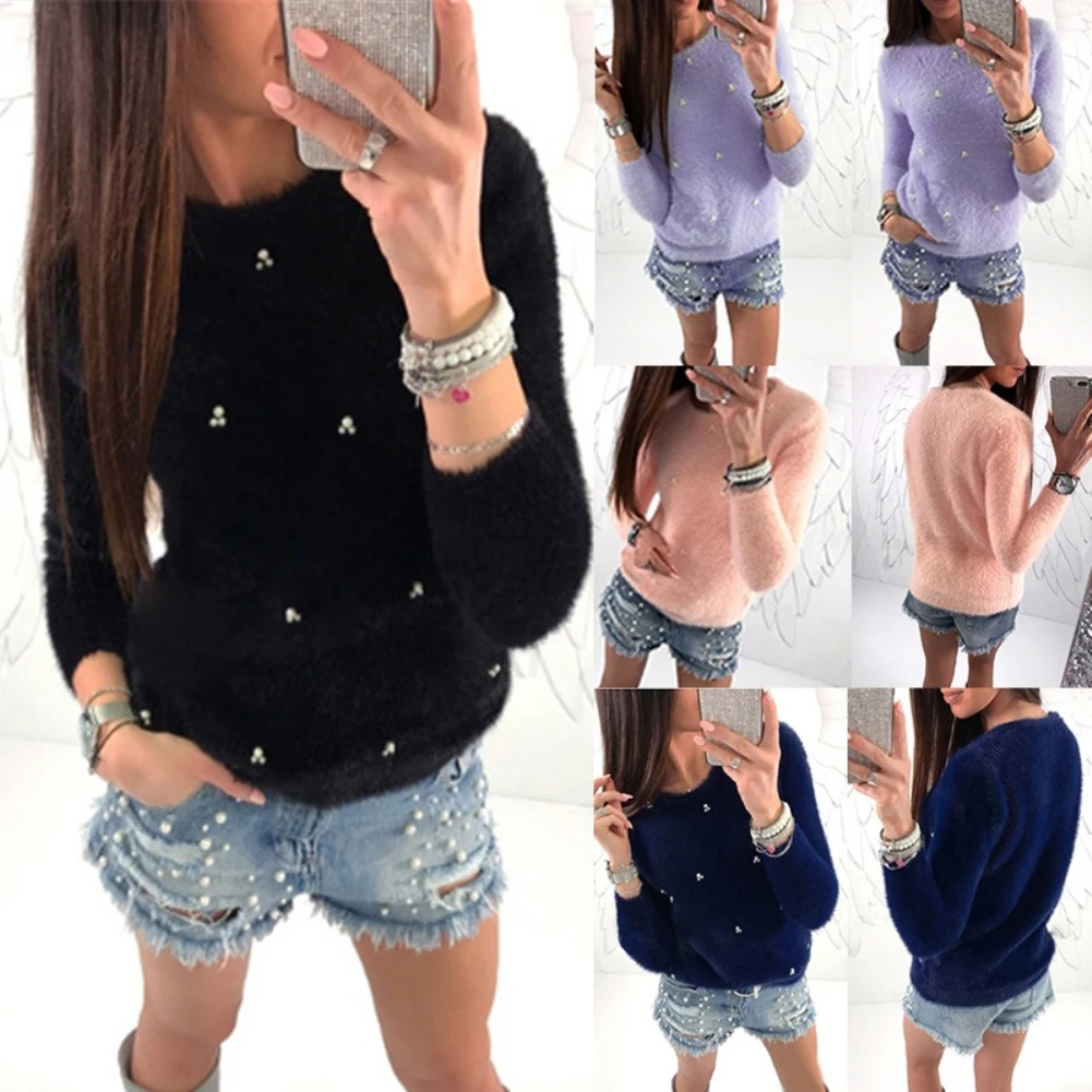 Hot Winter Women Fashion Faux Pearl Beading Solid Color Plush Long Sleeve Pullover Solid Color Warm Polyester Spandex pullover