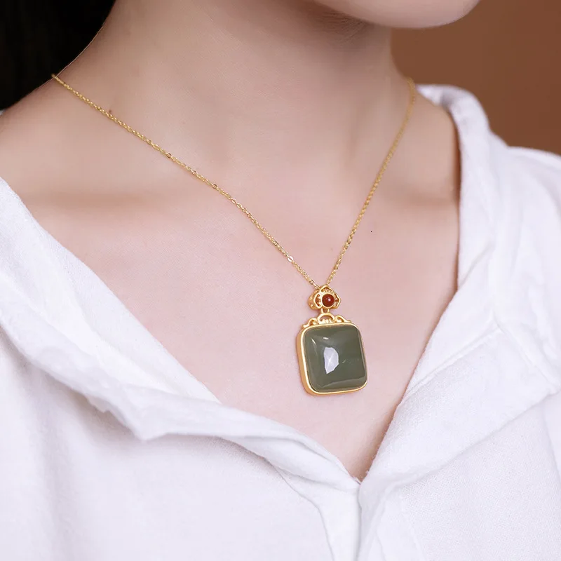 Ожерелье с кулоном из натурального Хотана jade Jasper, 925 пробы, серебряная, позолоченная цепочка, хорошее ювелирное изделие, дизайнерское винтажное ожерелье, вечерние