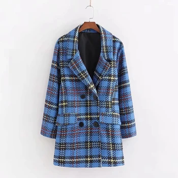 

Fashion Blue Houndstooth Plaid Coat Women Winter Jacket Elegant Long Sleeve Tweed Coat Casual Office Work Full Outwear