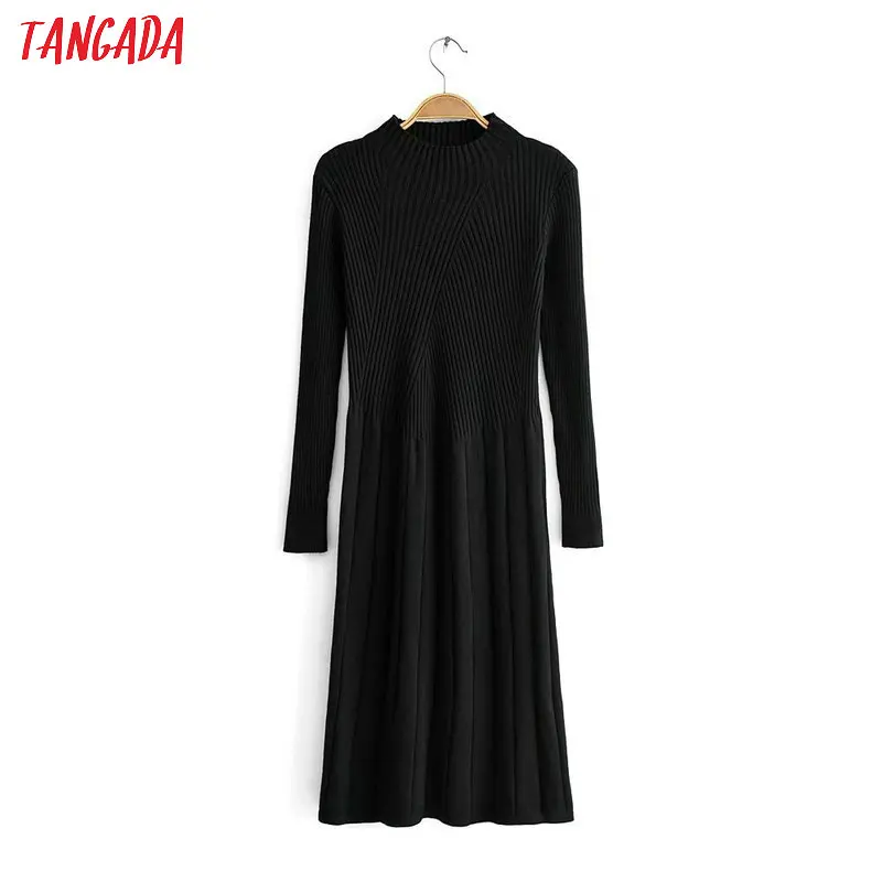 Tangada women solid knitted sweater dress elegant long sleeve pleated autumn winter lady big strethy midi dresses 5M01