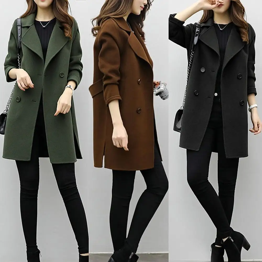 Coat Women Autumn Winter Jackets Solid Color Lapel Double-breasted Woolen  Midi Trench Coat Loose Long Sleeve Jacket Warm Keeping - Wool u0026 Blends -  AliExpress