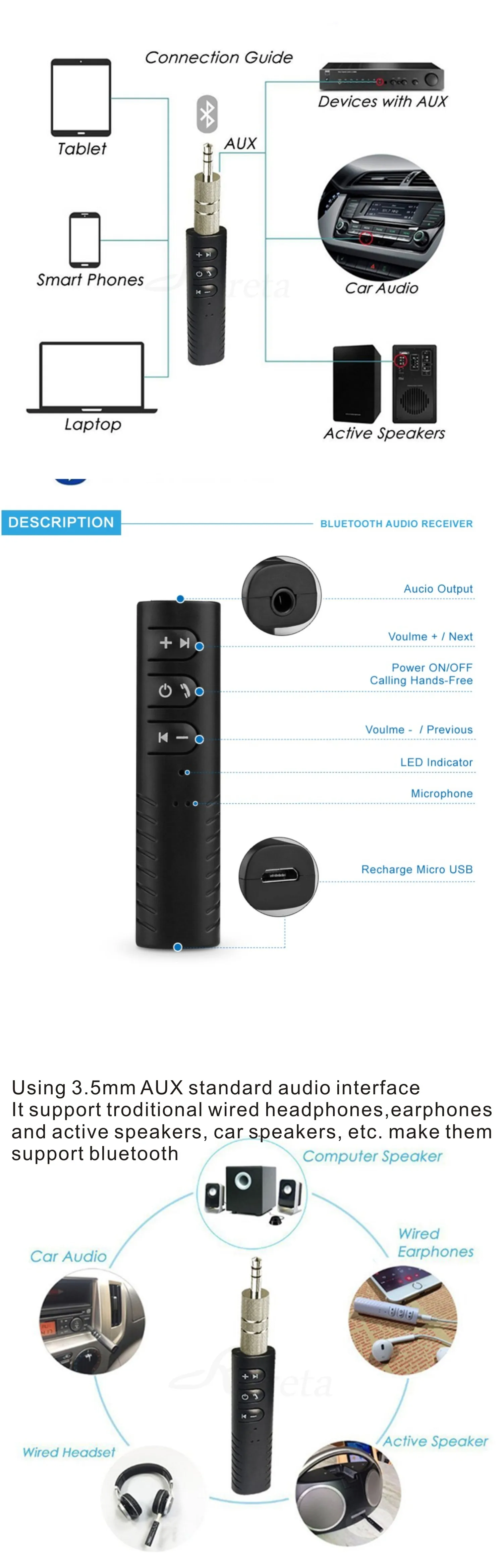 Беспроводной адаптер OcioDual Receptor de Audio inalabmbrico Bluetooth 5,0 Jack 3,5 мм Manos Libres Coche Negro BT Bateria JackAux