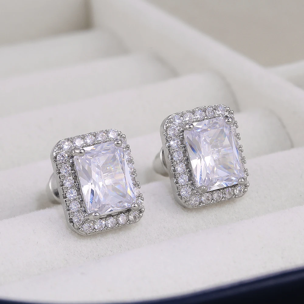 Huitan Delicate Women Stud Earrings Square Shape Shiny Cubic