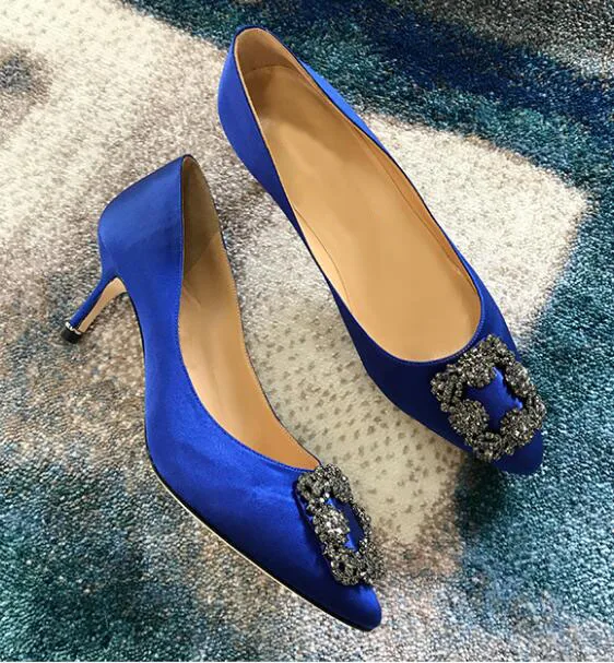 Синий KALMALL scarpe donna Crystal Tacco шелковые бриллианты на высоком каблуке с острым носком свадебные женские вечерние туфли Chaussure Femme - Цвет: Синий