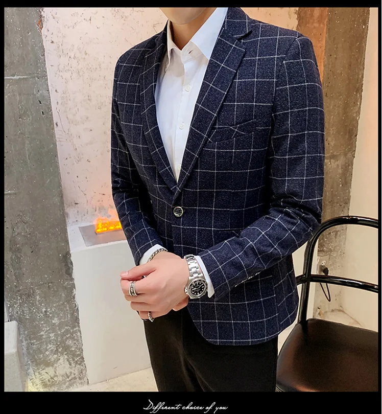 Осень-зима мужской пиджак, жакет цвет: черный, синий серый Slim Fit Для мужчин платье куртки Размеры S M L XL XXL XXXL решетки Бизнес костюм Для мужчин пальто