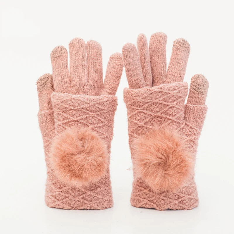 Новые теплые зимние меховые перчатки с помпонами, 5 пальцев, кашемировые вязаные рукавицы с сенсорным экраном, женские зимние вязаные перчатки - Цвет: pink