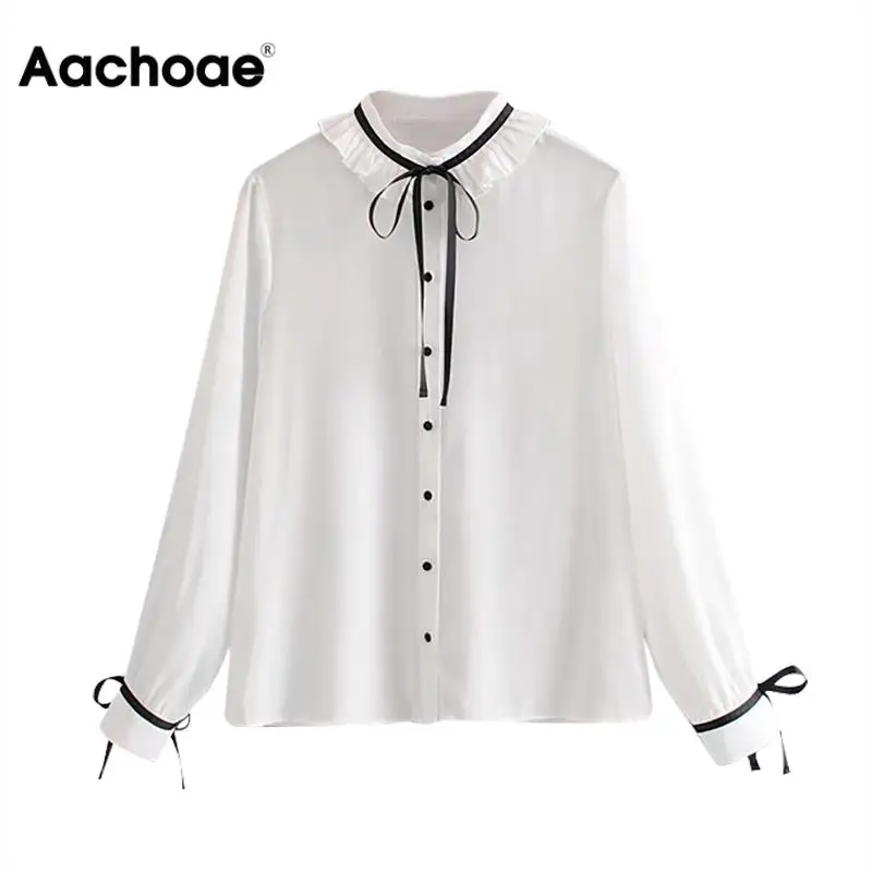 Bow Tie Sweet White Blouse Women Ruffled Long Sleeve Fashion Ladies Shirts Solid Lace Up Casual Tops Autumn Blusa Feminina