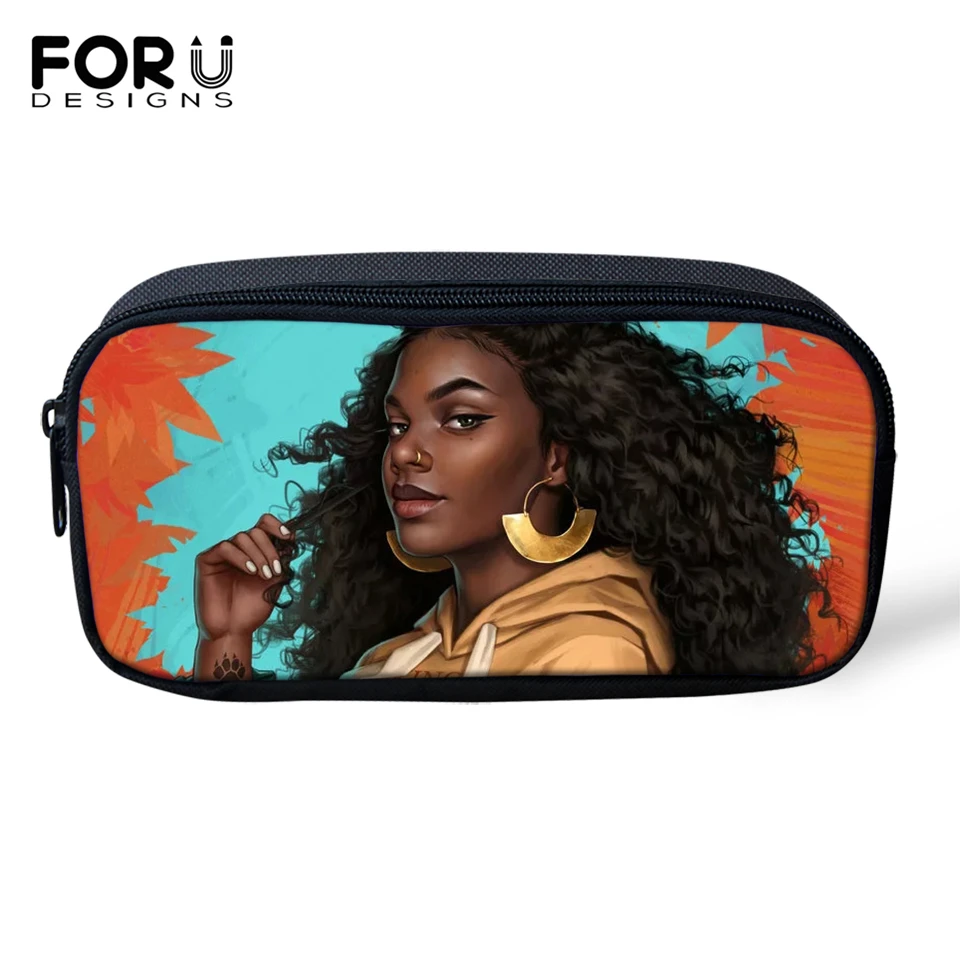 FORUDESIGNS/Детские пеналы с рисунками из мультфильмов, черные, с рисунком афро, для девочек, дорожные сумки для макияжа для девочек, афро-художественный дизайн, студенческие мини-пеналы для ручек