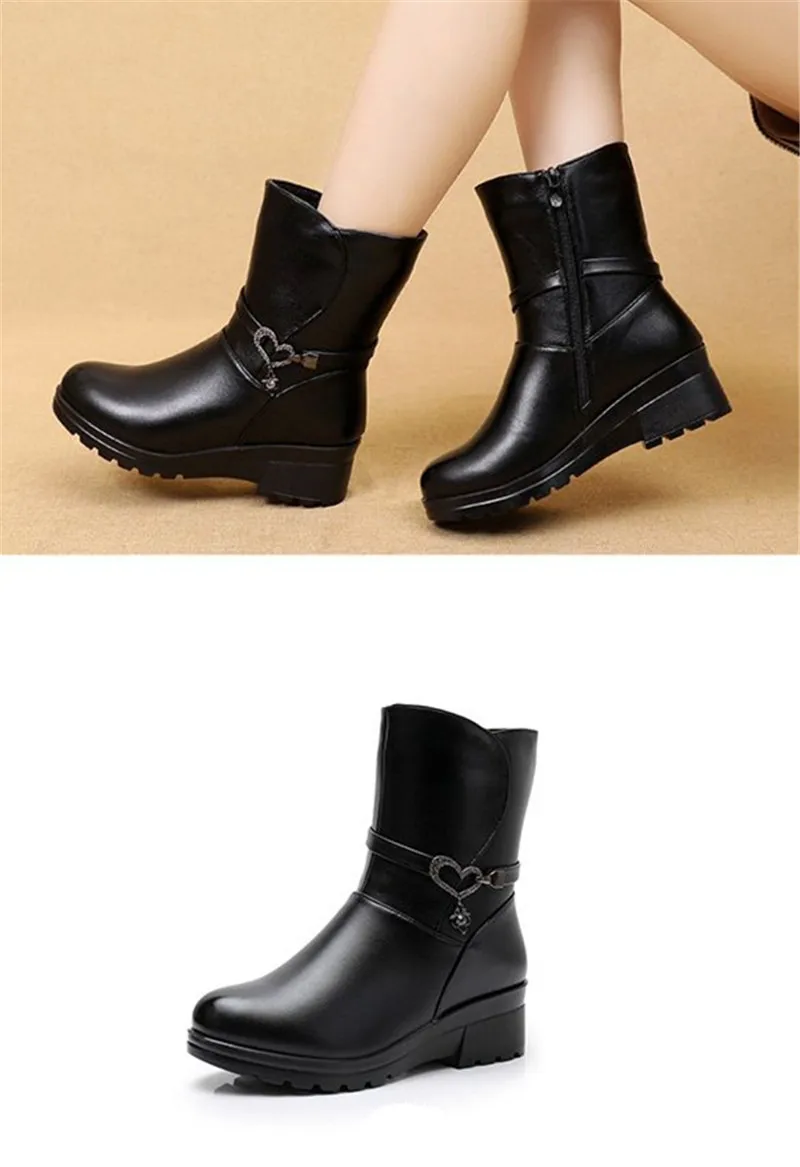 Новые женские зимние Ботинки на каблуке, с Плюшевым Мехом, черный натуральный спилок, кожа, круглый носок, на танкетке, женская обувь на платформе, женская обувь, Botas Mujer
