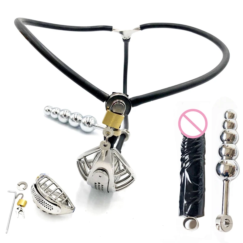 

Adult Game BDSM Bondage Lock,Stainless Steel Male Chastity Belt with Butt Plug Beads,Anal Dildo,Cock Rings,Sex Toys For Men Gay