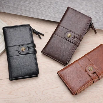 

Men's Anti-theft Long Wallet Retro Man Card Holder Big Zipper PU Leather Cell Phone Clutch Purse Mens Business Purse